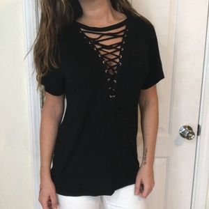 V Neck Lace Up Black T-shirt